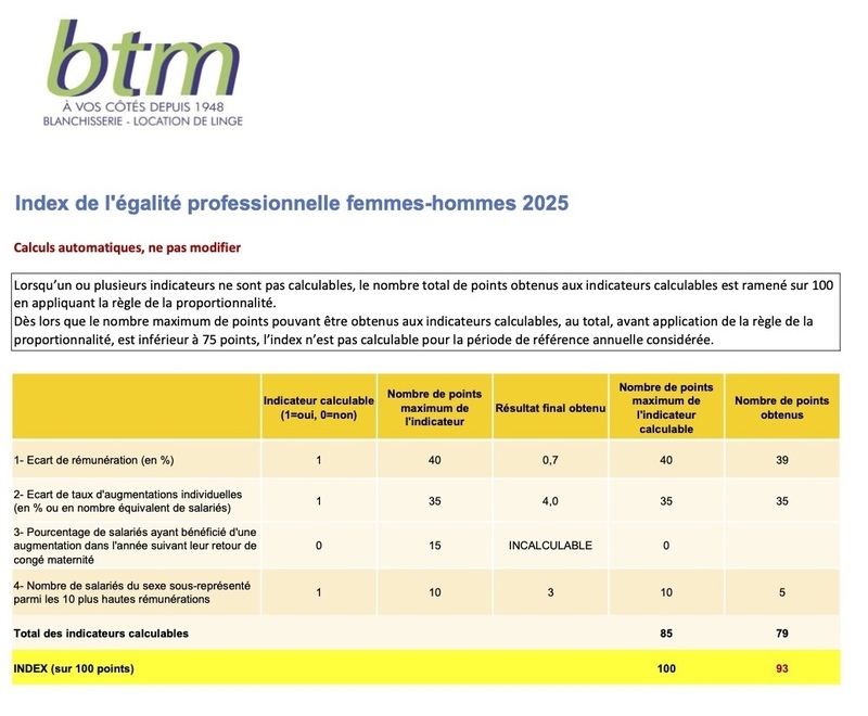 BTM Index égalité professionnelle femmes hommes 2025
